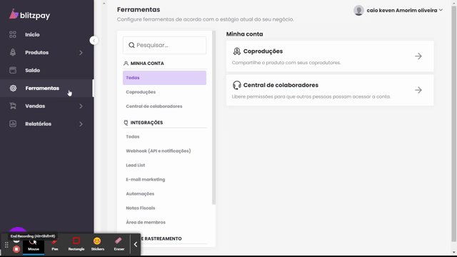 Menu Ferramentas e Webhook da BlitzPay