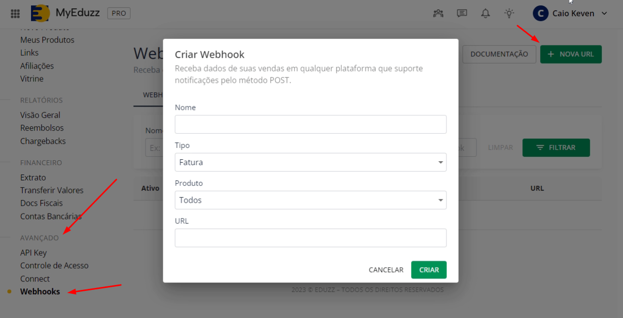 Tela de criação de webhook no MyEduzz