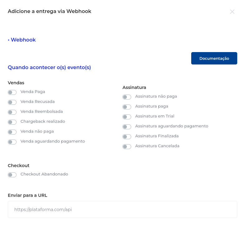 Configuração dos eventos do webhook