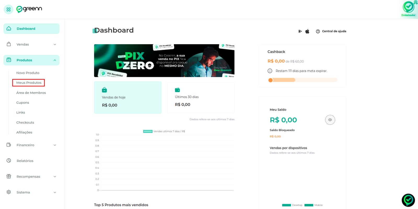 Menu Meus Produtos da Greenn