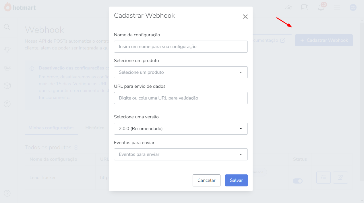 Configuração de webhook da Hotmart