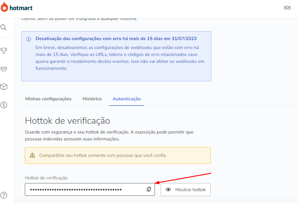 Tela do Hottok de verificação na Hotmart