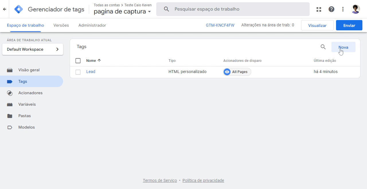 Tela de Tags do Google Tag Manager com a opção Nova