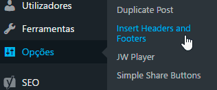 Plugin Insert Headers and Footers no painel do WordPress