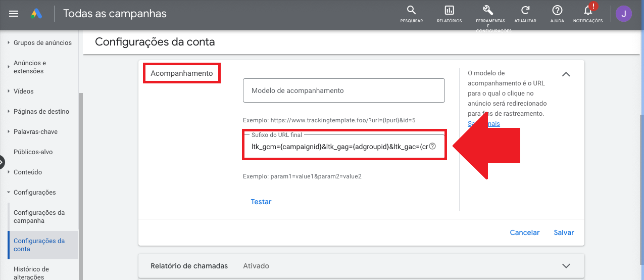 Campo Sufixo do URL final nas configurações de acompanhamento do Google Ads