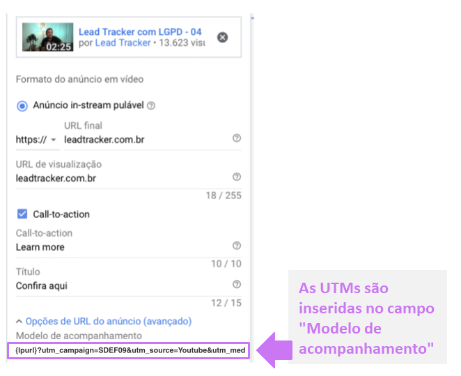 Opções de URL do anúncio no Google Ads