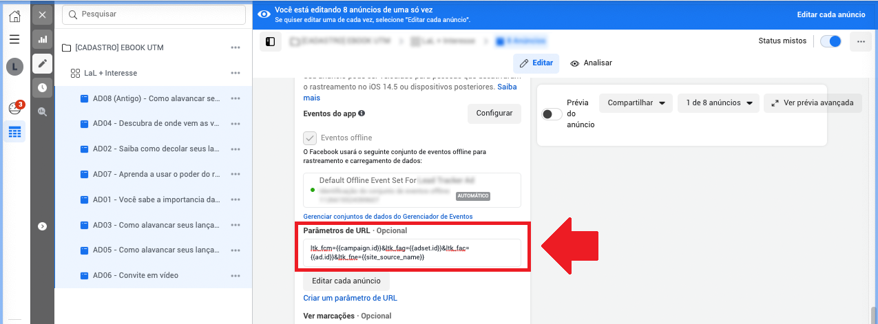 Parâmetros de URL preenchidos no Meta Ads