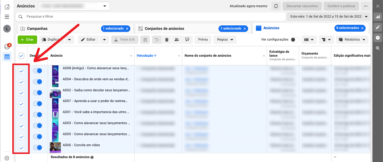 Anúncios selecionados no Meta Ads para edição em massa
